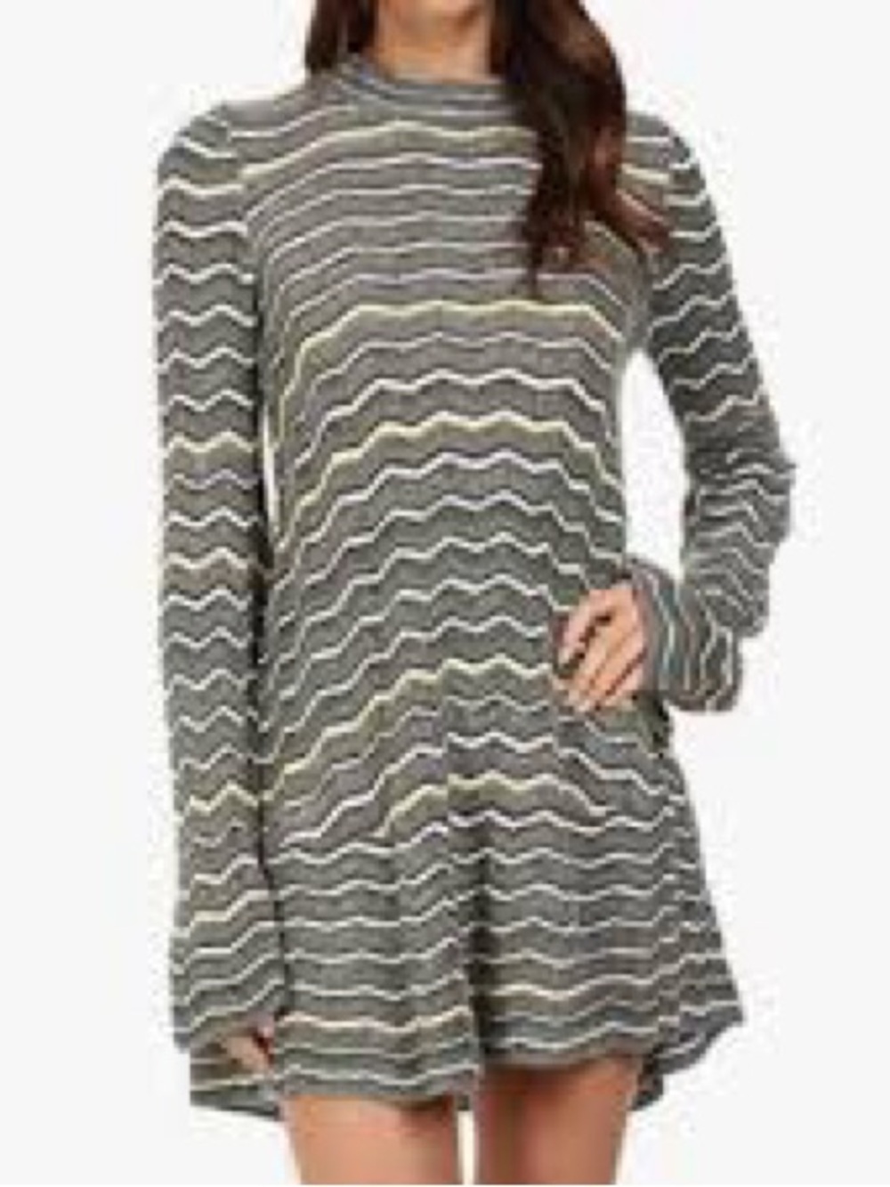 Free People Striped Long-Sleeve Swing Dress bell sleeve mock neck linen wool